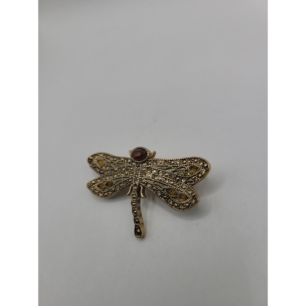 Vintage Monet Dragonfly Brooch Gold Tone Amber Rhinestone Insect Figural Pin Sig - Picture 3 of 12